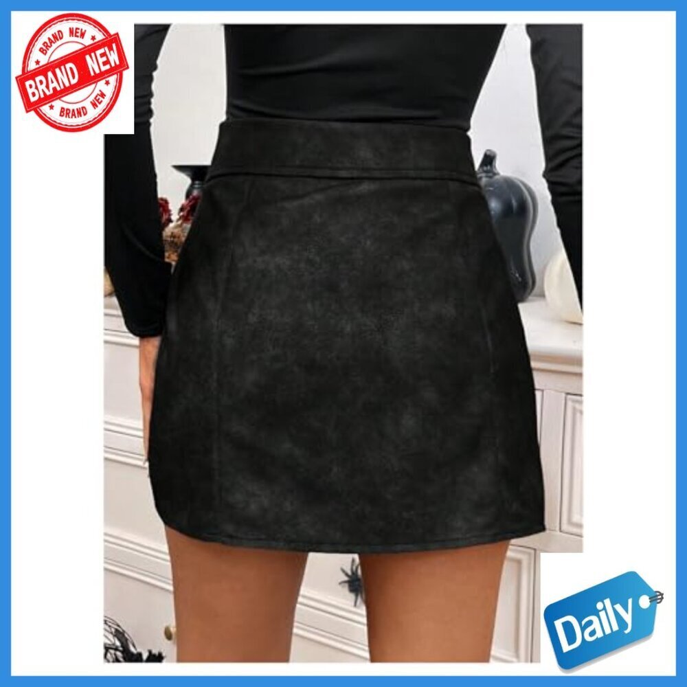 Vintage PU Leather Mini Skirt High Waist Asymmetrical Hem Zipper Up - Picture 2 of 5